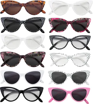 12 Pack Cat Eye Sunglasses for Women, UV Protected Retro Sunglasses Bulk, Beautiful Mix Patterns Cateye Shades for Women