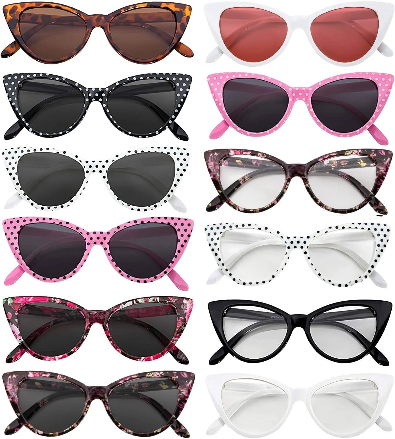 12 Pack Cat Eye Sunglasses for Women, UV Protected Retro Sunglasses Bulk, Beautiful Mix Patterns Cateye Shades for Women