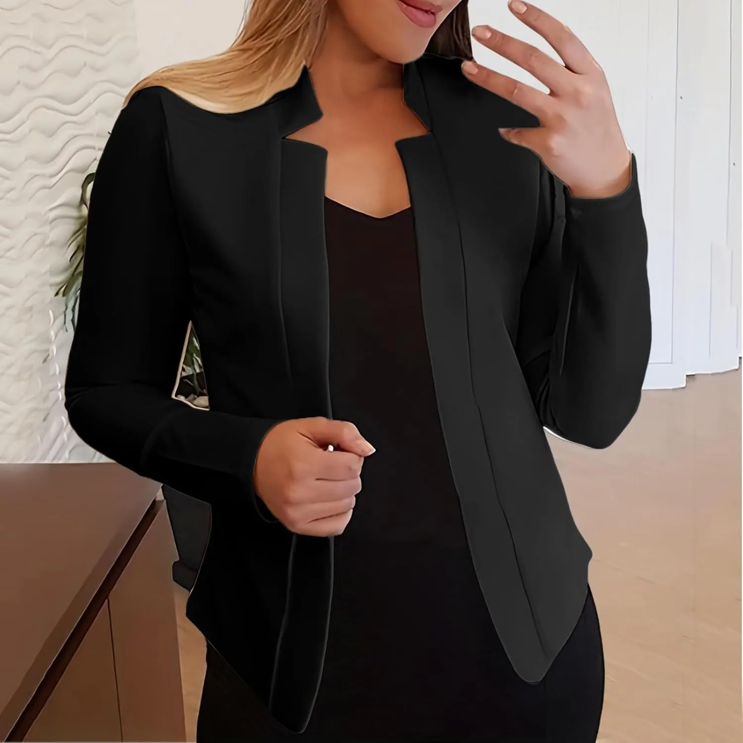 2024 Classic Casual Solid Blazers for Womens Open Front Long Sleeve Pockets Cardigans Loose Fitted Comfort Jackets