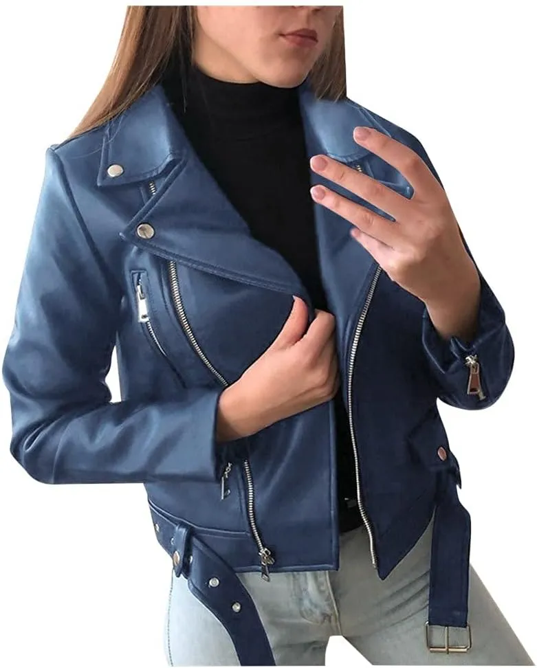 2024 Fall Women's Faux Leather Biker Motorcycle Jackets Plus Size Long Sleeve Zipper Slim Fit Short Casual Coat Outwear
