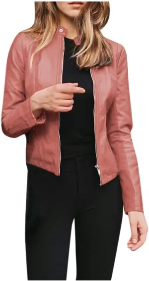 2024 Fall Women's Faux Leather Biker Motorcycle Jackets Plus Size Long Sleeve Zipper Slim Fit Short Casual Coat Outwear