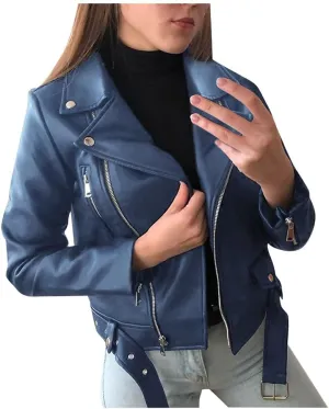 2024 Fall Women's Faux Leather Biker Motorcycle Jackets Plus Size Long Sleeve Zipper Slim Fit Short Casual Coat Outwear