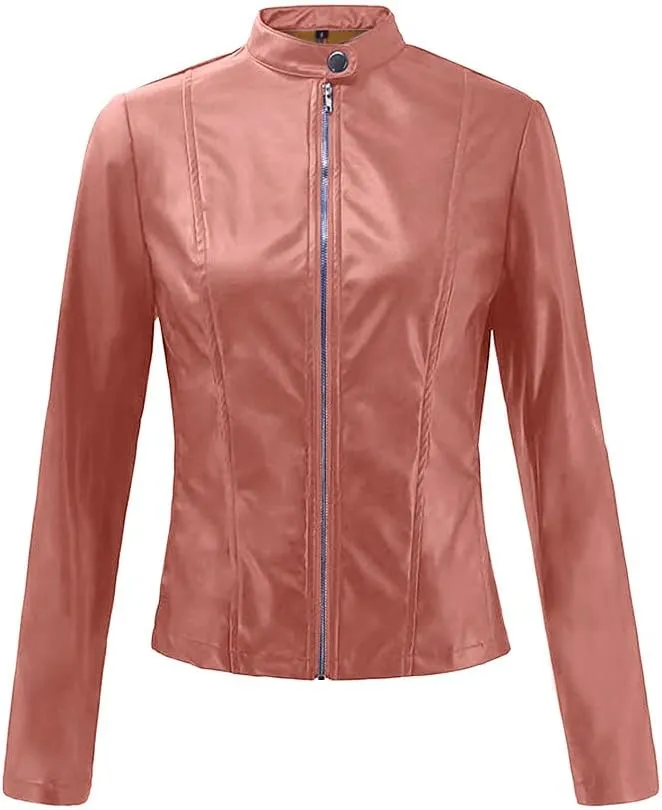 2024 Fall Women's Faux Leather Biker Motorcycle Jackets Plus Size Long Sleeve Zipper Slim Fit Short Casual Coat Outwear