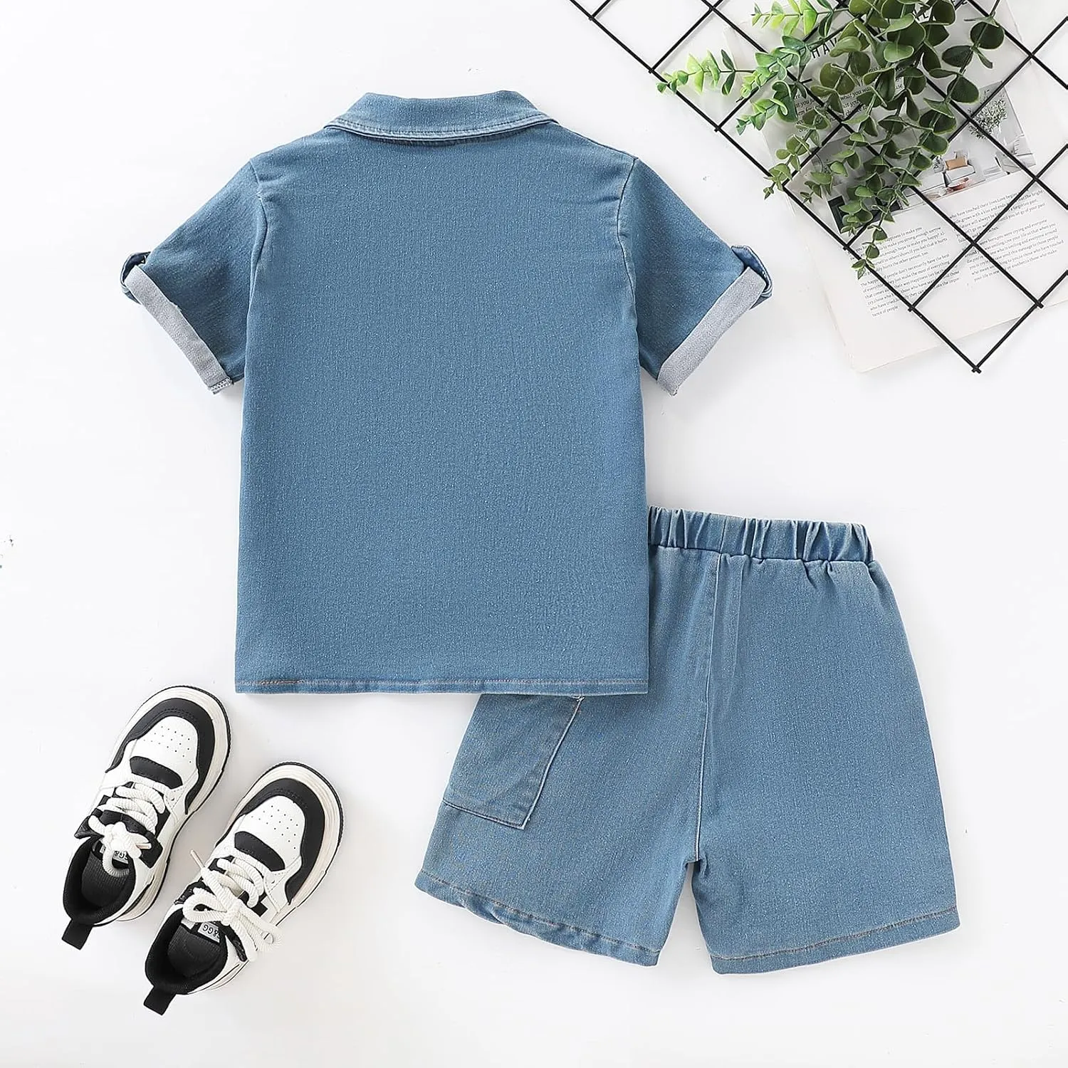 3-7T Toddler Boys Clothes Denim Outfit Set – Short Sleeve Button-Up Jean Jacket & Stretch Denim Shorts