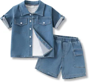 3-7T Toddler Boys Clothes Denim Outfit Set – Short Sleeve Button-Up Jean Jacket & Stretch Denim Shorts