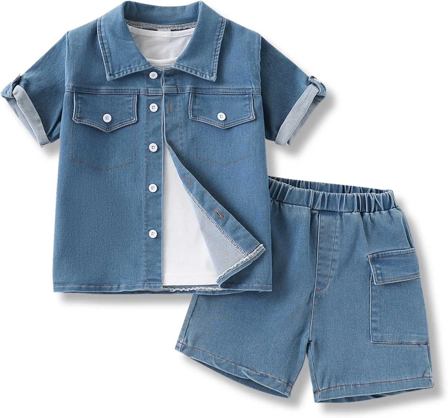 3-7T Toddler Boys Clothes Denim Outfit Set – Short Sleeve Button-Up Jean Jacket & Stretch Denim Shorts