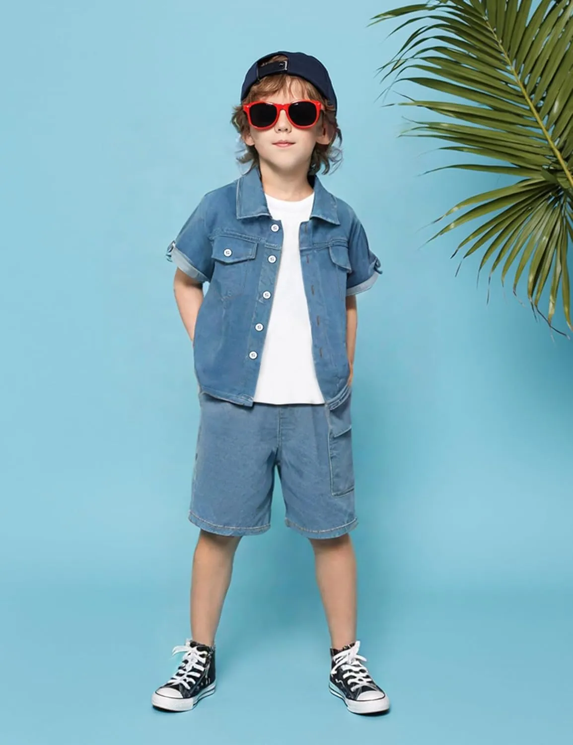 3-7T Toddler Boys Clothes Denim Outfit Set – Short Sleeve Button-Up Jean Jacket & Stretch Denim Shorts