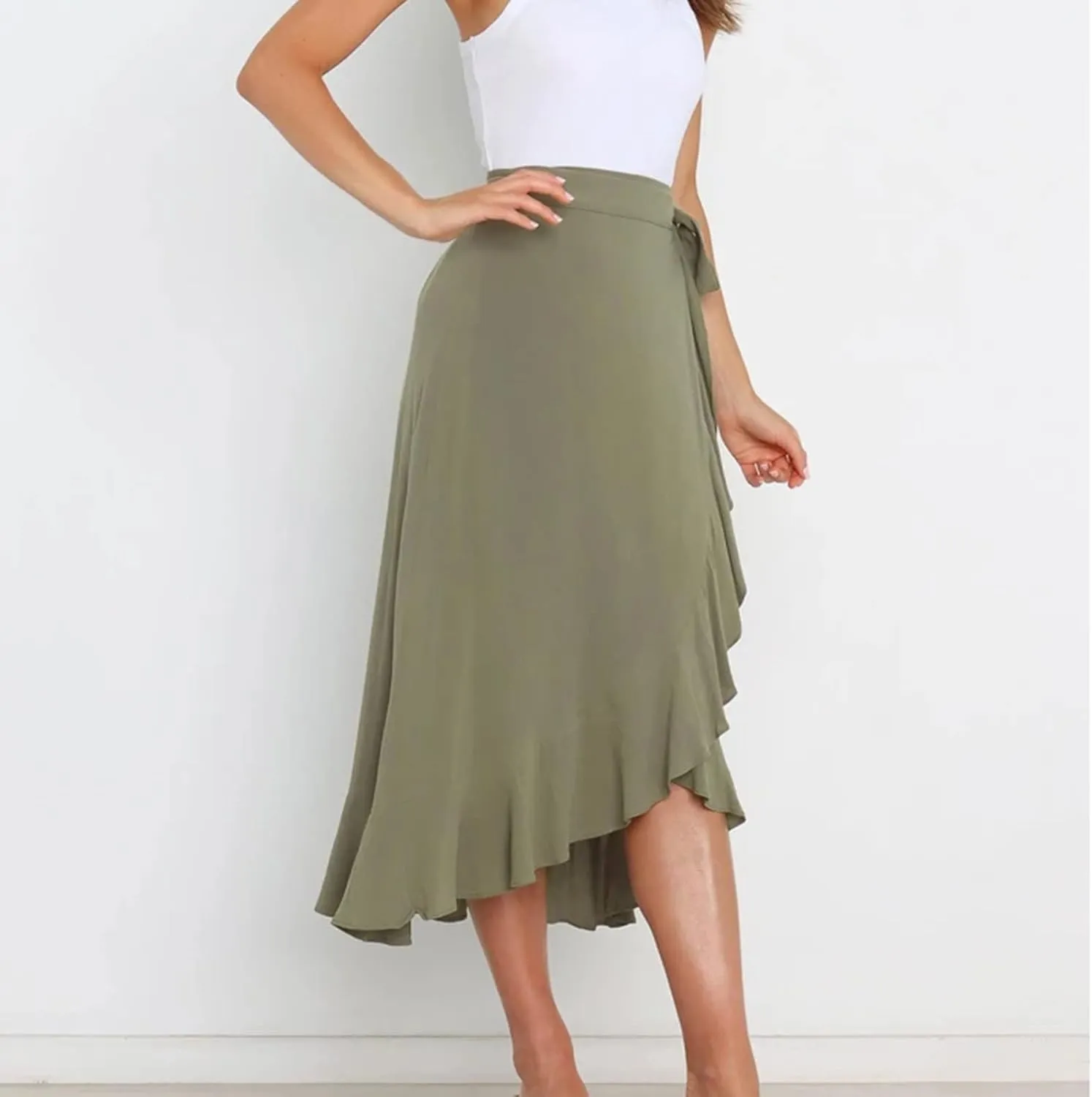 A Line Skirt for Women Elegant Flowy Ruffle Hip-Wrapped Skirts Lace up Irregular Skirt Fashion Solid Color Skirts