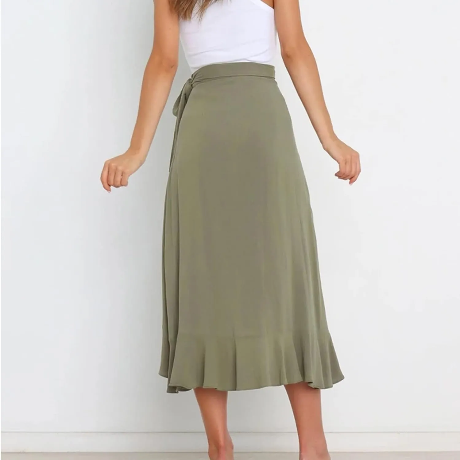 A Line Skirt for Women Elegant Flowy Ruffle Hip-Wrapped Skirts Lace up Irregular Skirt Fashion Solid Color Skirts