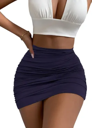 Afibi Women's Stretch High Waist Ruched Bodycon Double Layer Casual Mini Skirt
