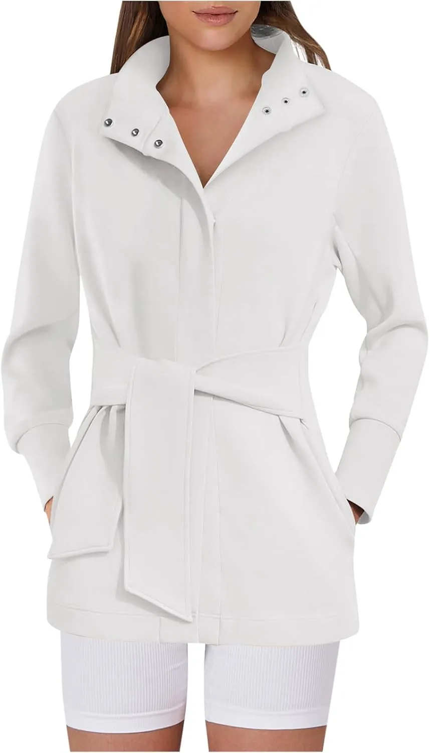 Akklian Womens Jacket Casual Long Sleeve Belted Wrap Trench Coat 2024 Fall Fashion Button Up Cropped Outerwear with Pockets