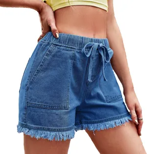 Andongnywell Womens Mid Waist Frayed Denim Shorts with Pockets, Juniors Raw Hem Jean-Shorts Casual Hot Pants Shorts