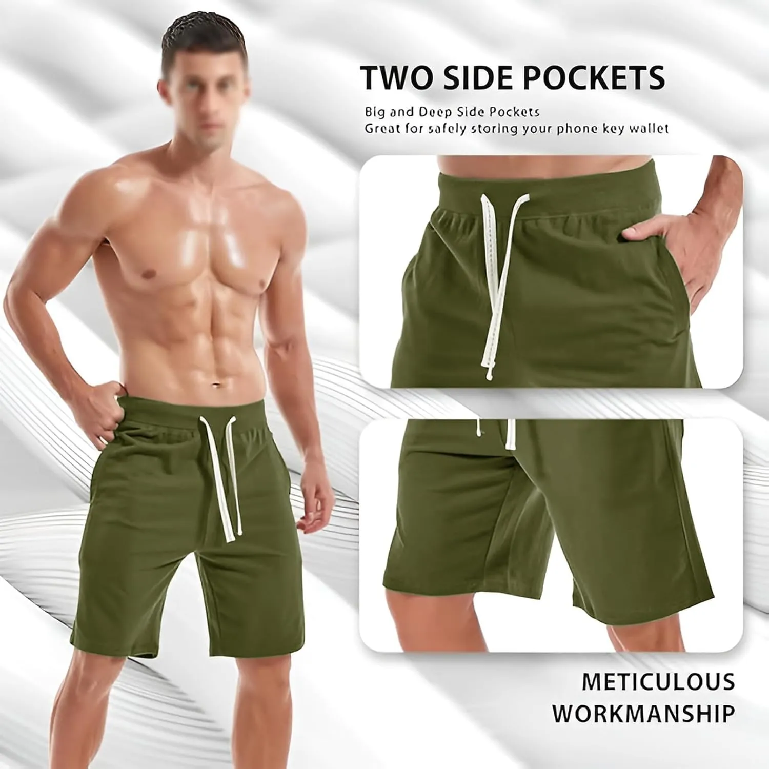 ANUFER Mens Cotton Sport Running Shorts Elastic Waist Casual Lounge Shorts with Pockets