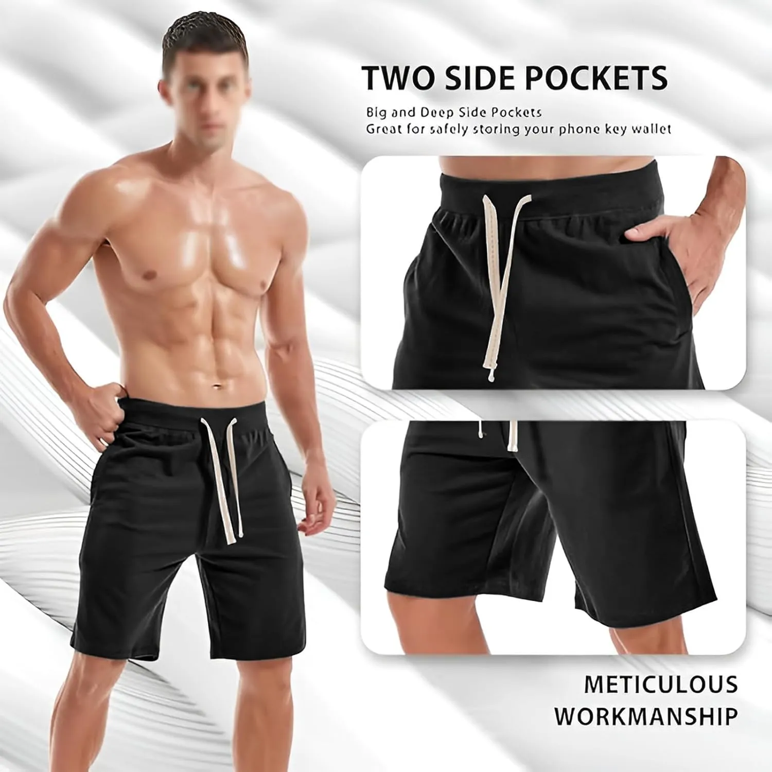 ANUFER Mens Cotton Sport Running Shorts Elastic Waist Casual Lounge Shorts with Pockets
