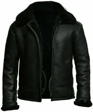 B3 Bomber RAF Aviator Pilot Black Leather Jacket-Mens Real Leather Aviator Bomber Jacket With Sherpa Lined Collar