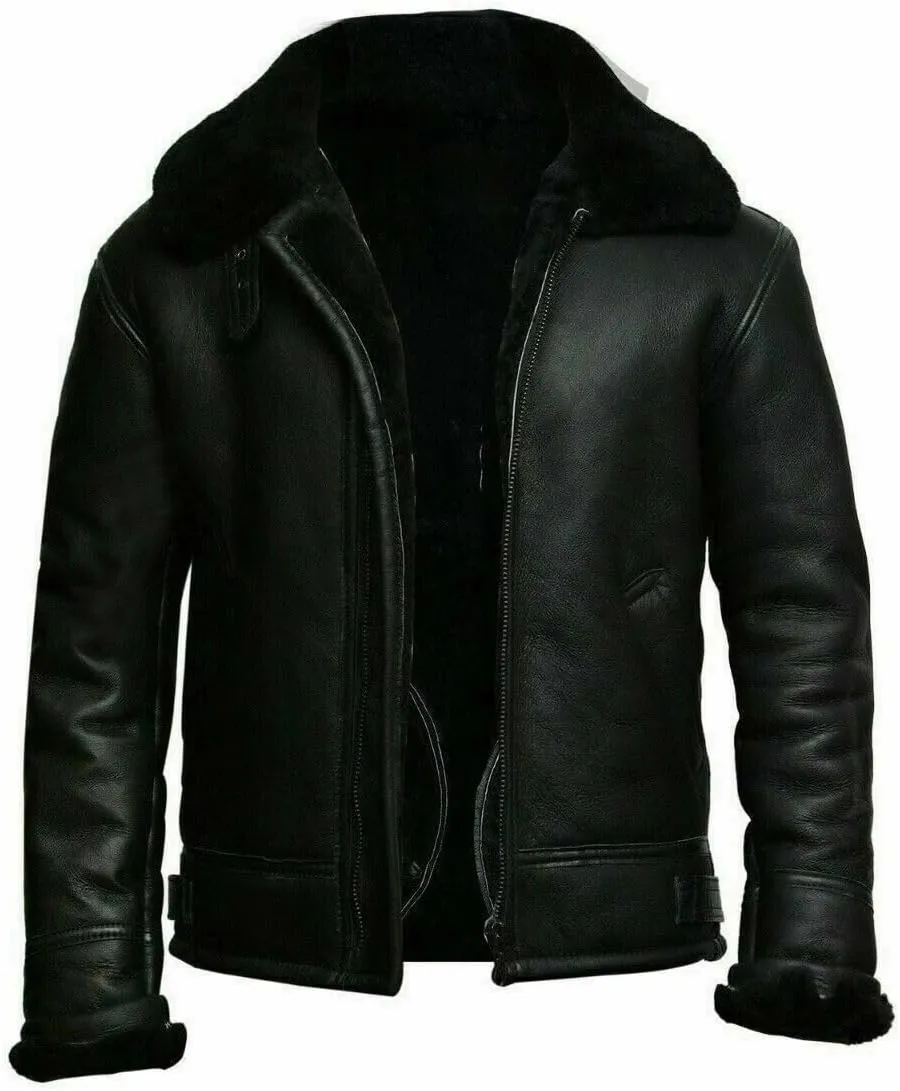 B3 Bomber RAF Aviator Pilot Black Leather Jacket-Mens Real Leather Aviator Bomber Jacket With Sherpa Lined Collar