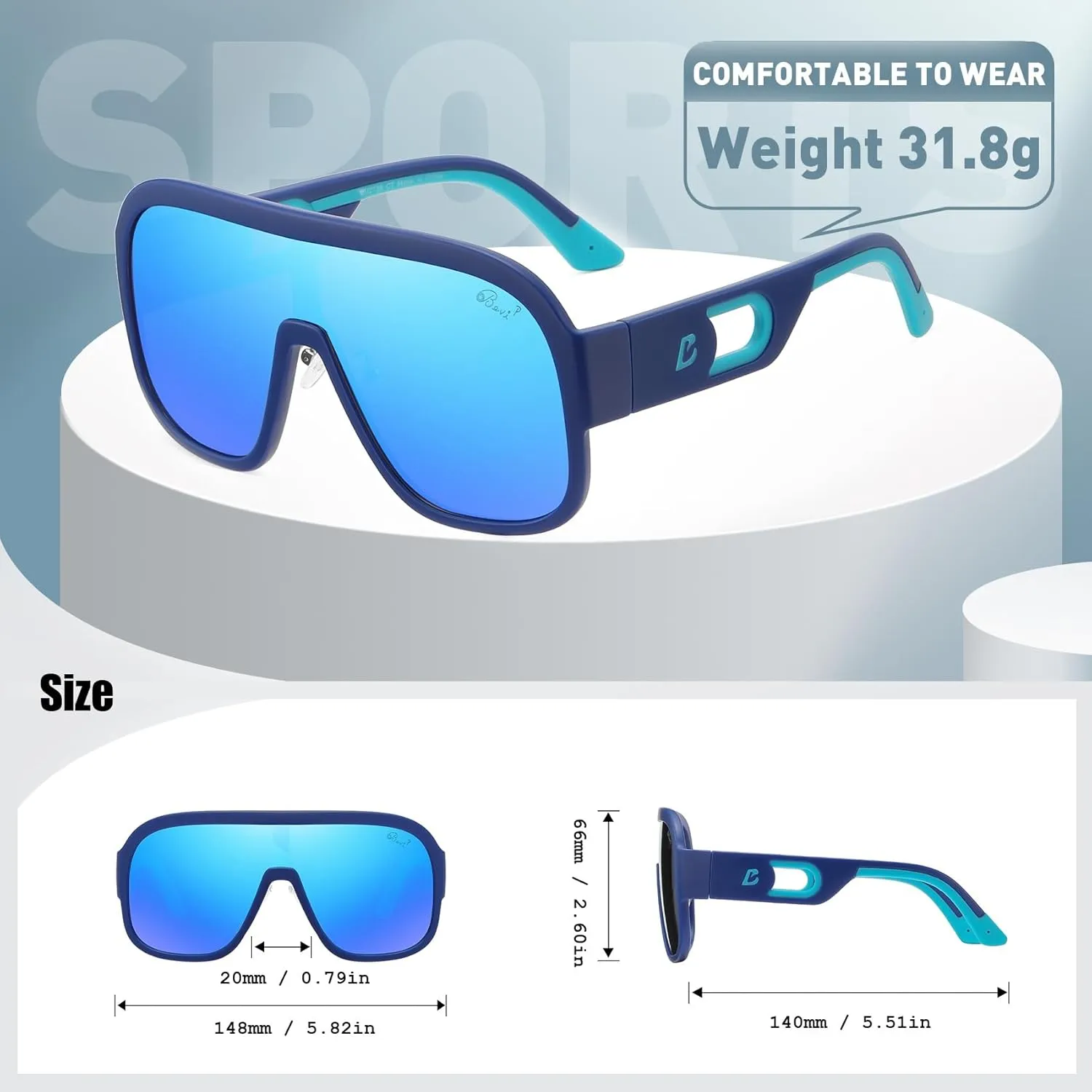 Bevi Sunglasses Polarized UV Protection with Flexible Lightweight Frame Oversize Shield Sunglasses for Men Women