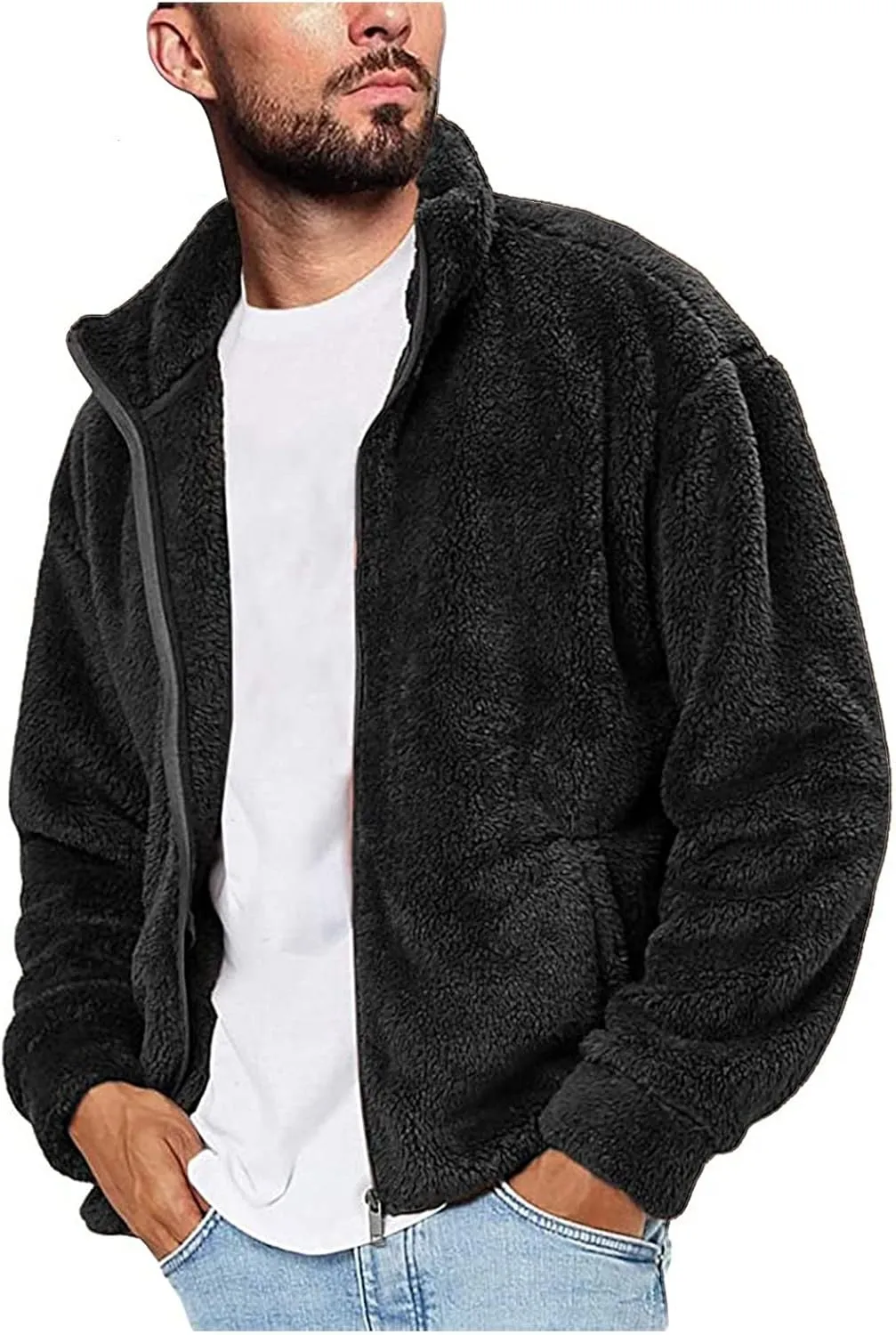 BIFUTON Winter Jackets for Men, Men's Winter Jacket Full Zip Sherpa Lined Jackets Soft Warm Stand Collar Trucker Fleece Coats