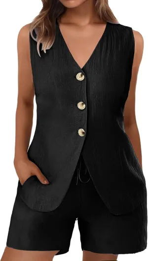Blazer Vest Set for Women Short Suit Sets 2 Piece Button Down V Neck Vest Waistcoat and Shorts Business Outfits