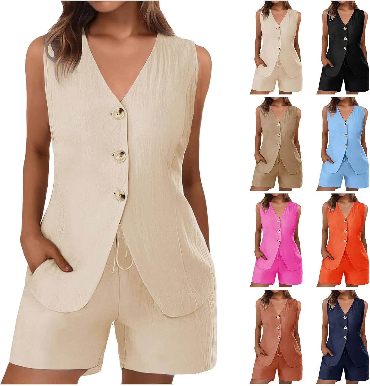 Blazer Vest Set for Women Short Suit Sets 2 Piece Button Down V Neck Vest Waistcoat and Shorts Business Outfits