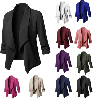 Blazers for Women Stretch 3/4 Gathered Sleeve Open Blazer Jacket Classic Draped Open Front Lightweight Blazer Tops