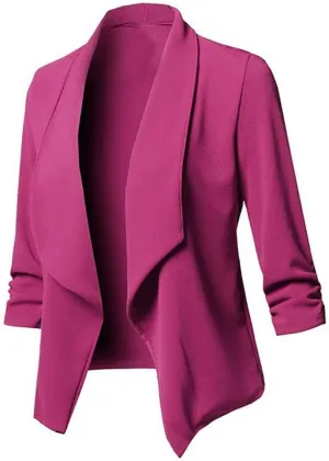 Blazers for Women,Stretch 3/4 Gathered Sleeve Business Casual Blazer,Classic Draped Open Front Lightweight Jackets