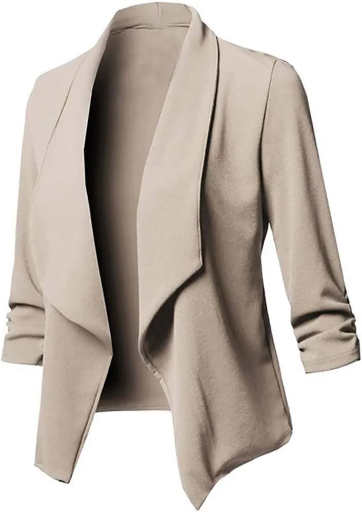 Blazers for Women,Stretch 3/4 Gathered Sleeve Business Casual Blazer,Classic Draped Open Front Lightweight Jackets