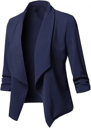 Blazers for Women,Stretch 3/4 Gathered Sleeve Business Casual Blazer,Classic Draped Open Front Lightweight Jackets