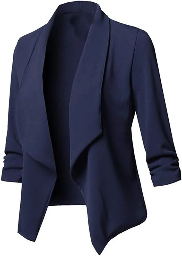 Blazers for Women,Stretch 3/4 Gathered Sleeve Business Casual Blazer,Classic Draped Open Front Lightweight Jackets