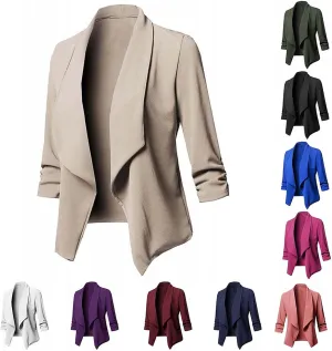 Blazers for Women,Stretch 3/4 Gathered Sleeve Business Casual Blazer,Classic Draped Open Front Lightweight Jackets