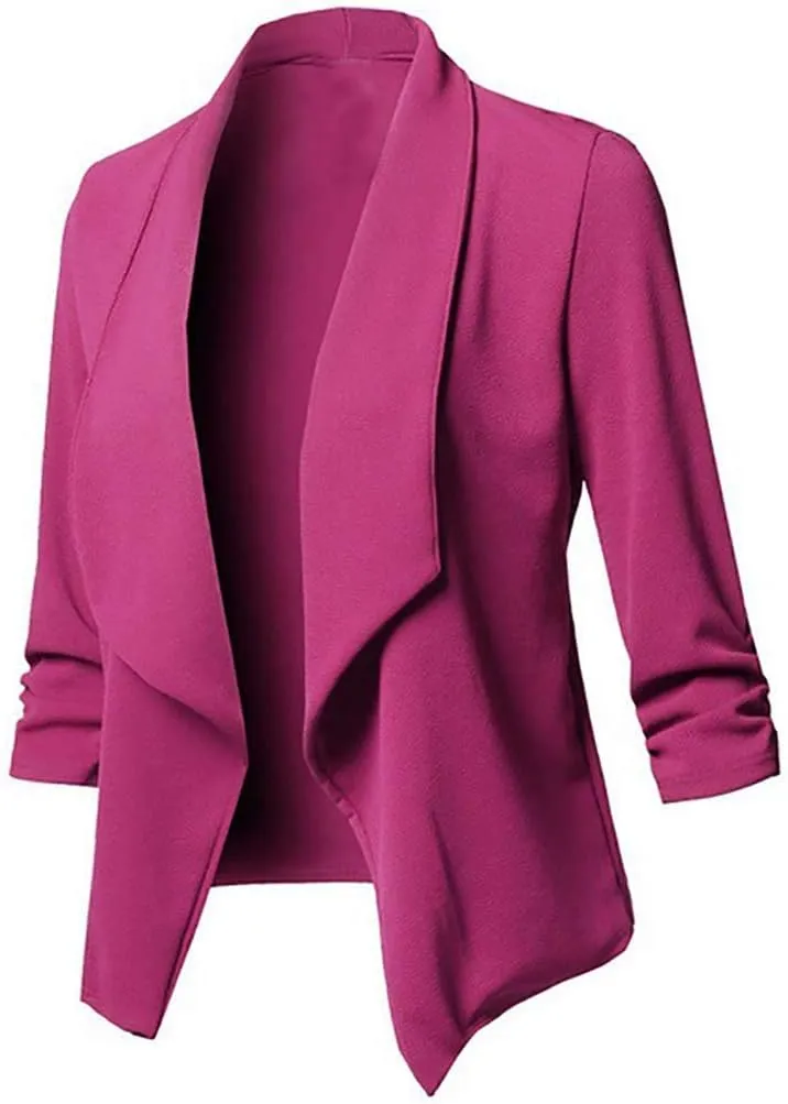 Blazers for Women,Stretch 3/4 Gathered Sleeve Business Casual Blazer,Classic Draped Open Front Lightweight Jackets