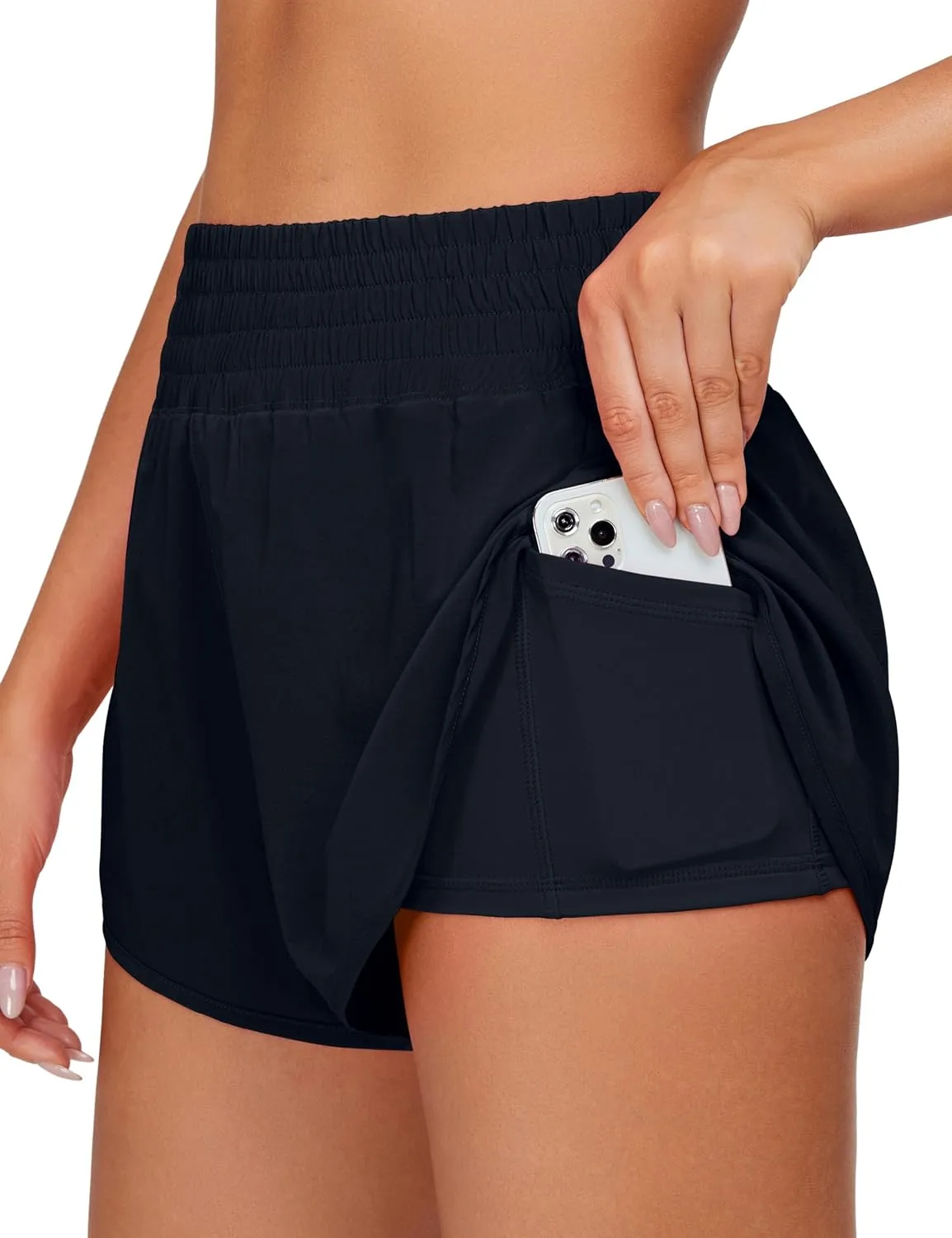 BMJL Womens Running Shorts High Waisted Side Pocket Athletic Shorts High Side Slit 2 in 1 Gym Shorts
