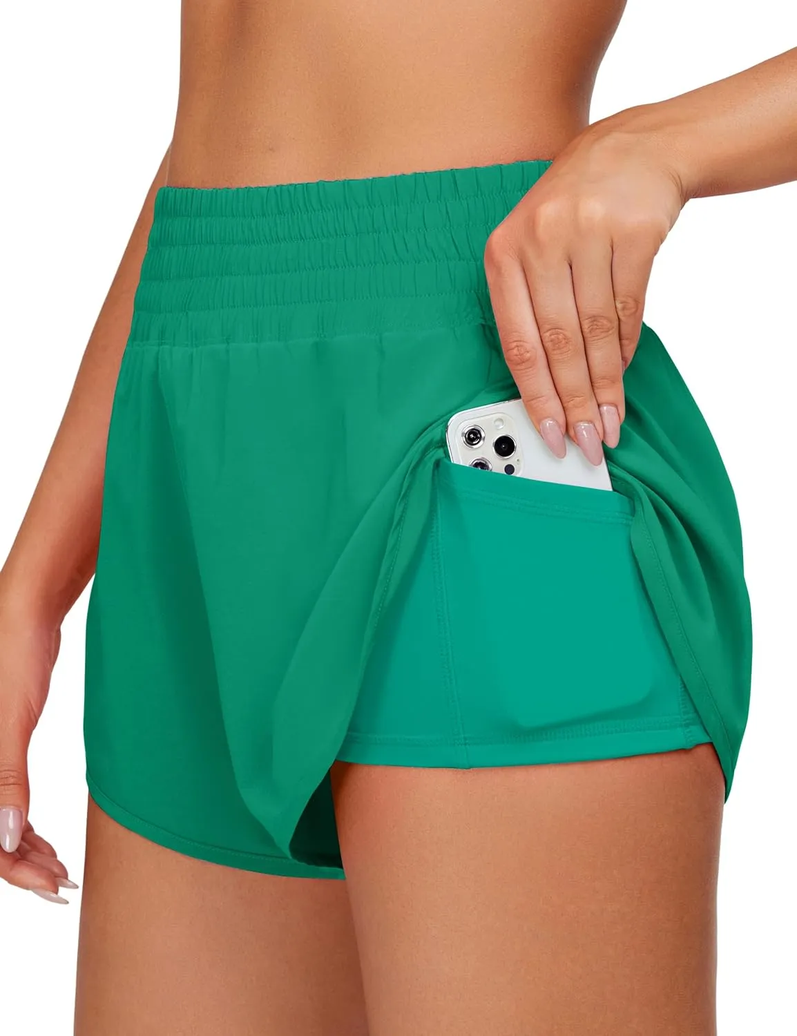BMJL Womens Running Shorts High Waisted Side Pocket Athletic Shorts High Side Slit 2 in 1 Gym Shorts