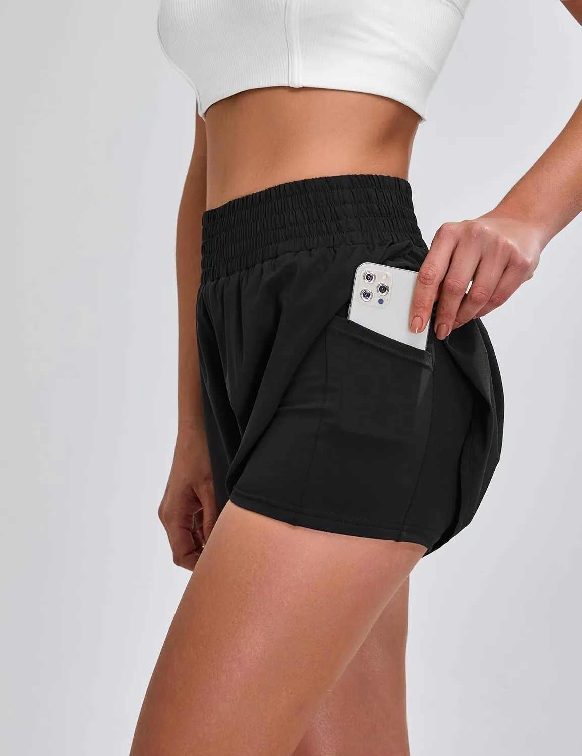 BMJL Womens Running Shorts High Waisted Side Pocket Athletic Shorts High Side Slit 2 in 1 Gym Shorts