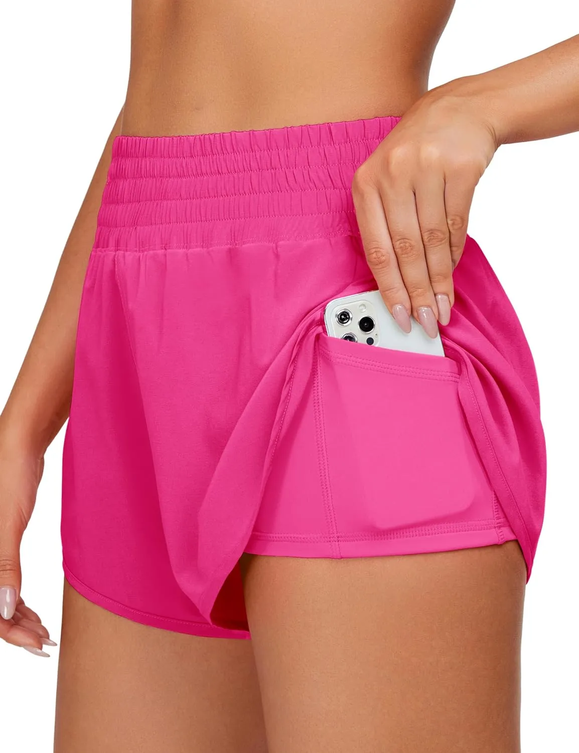 BMJL Womens Running Shorts High Waisted Side Pocket Athletic Shorts High Side Slit 2 in 1 Gym Shorts