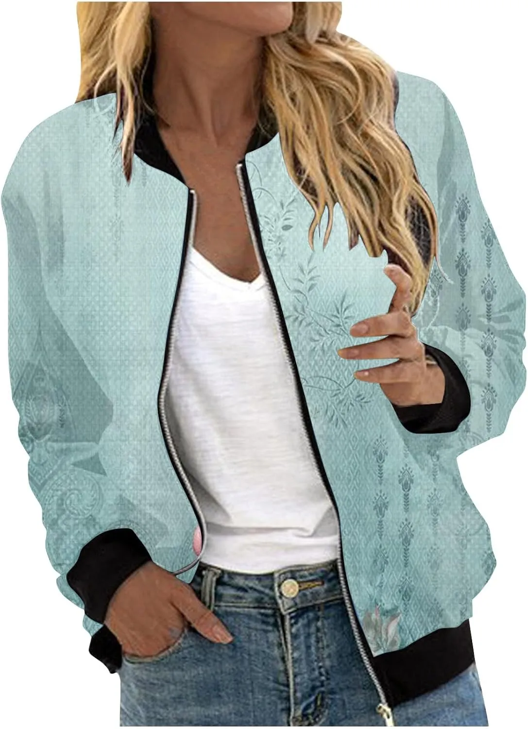 Bomber Jackets for Women 2024 Lightweight Casual Zip Up Stand Collar Coats Jacket Floral Graphic Outwear Fall Outfits