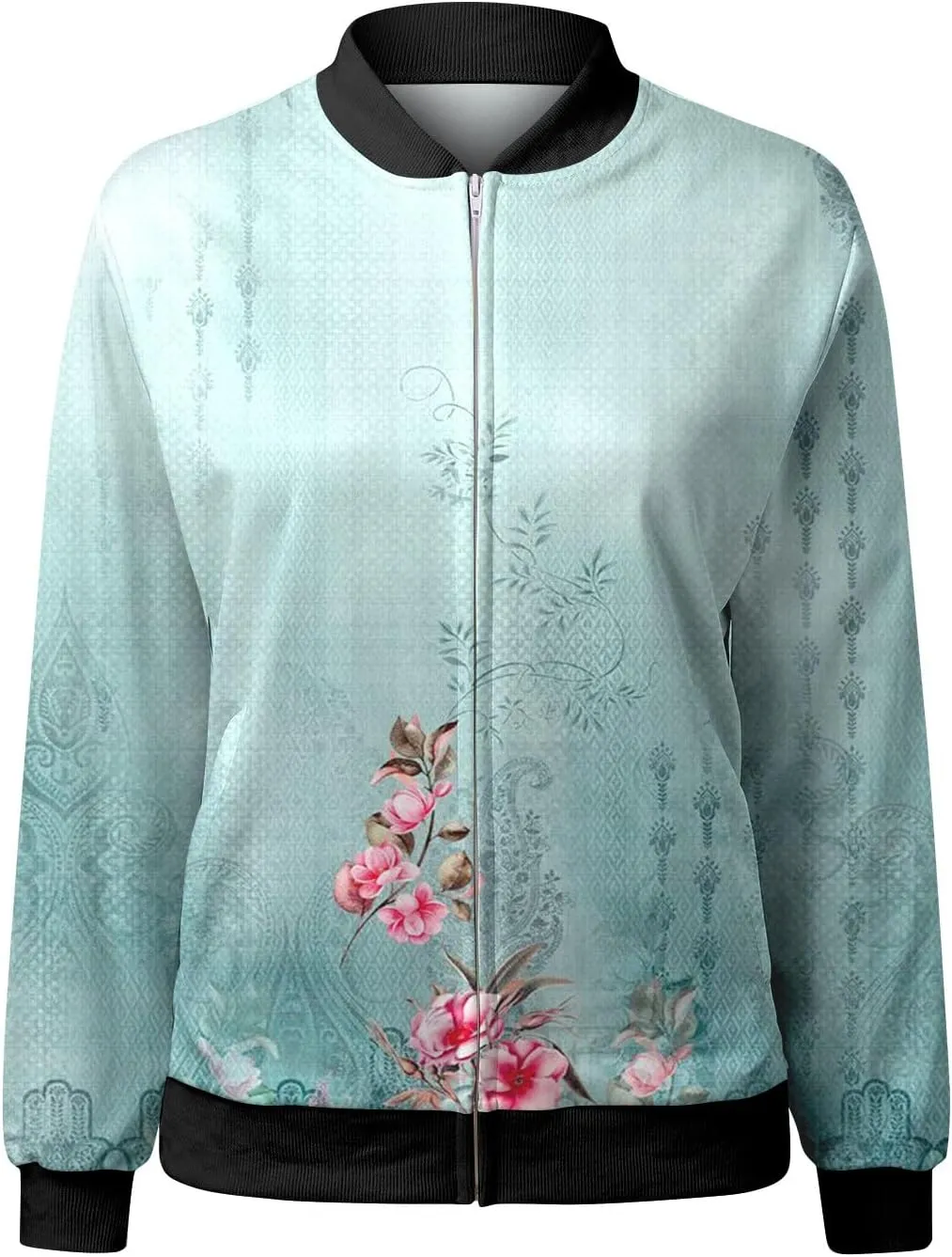 Bomber Jackets for Women 2024 Lightweight Casual Zip Up Stand Collar Coats Jacket Floral Graphic Outwear Fall Outfits