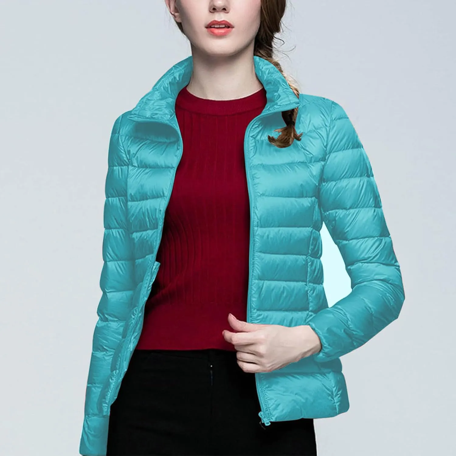 BOXIACEY Winter Coats for Women Solid Packable Puffer Down Jackets Warm Parkas Stand Collar Long Sleeve Outwear with Pockets