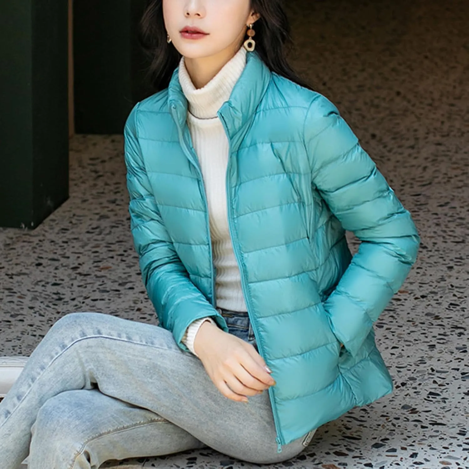 BOXIACEY Winter Coats for Women Solid Packable Puffer Down Jackets Warm Parkas Stand Collar Long Sleeve Outwear with Pockets