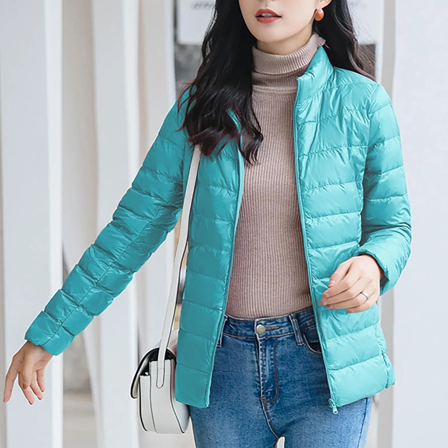 BOXIACEY Winter Coats for Women Solid Packable Puffer Down Jackets Warm Parkas Stand Collar Long Sleeve Outwear with Pockets