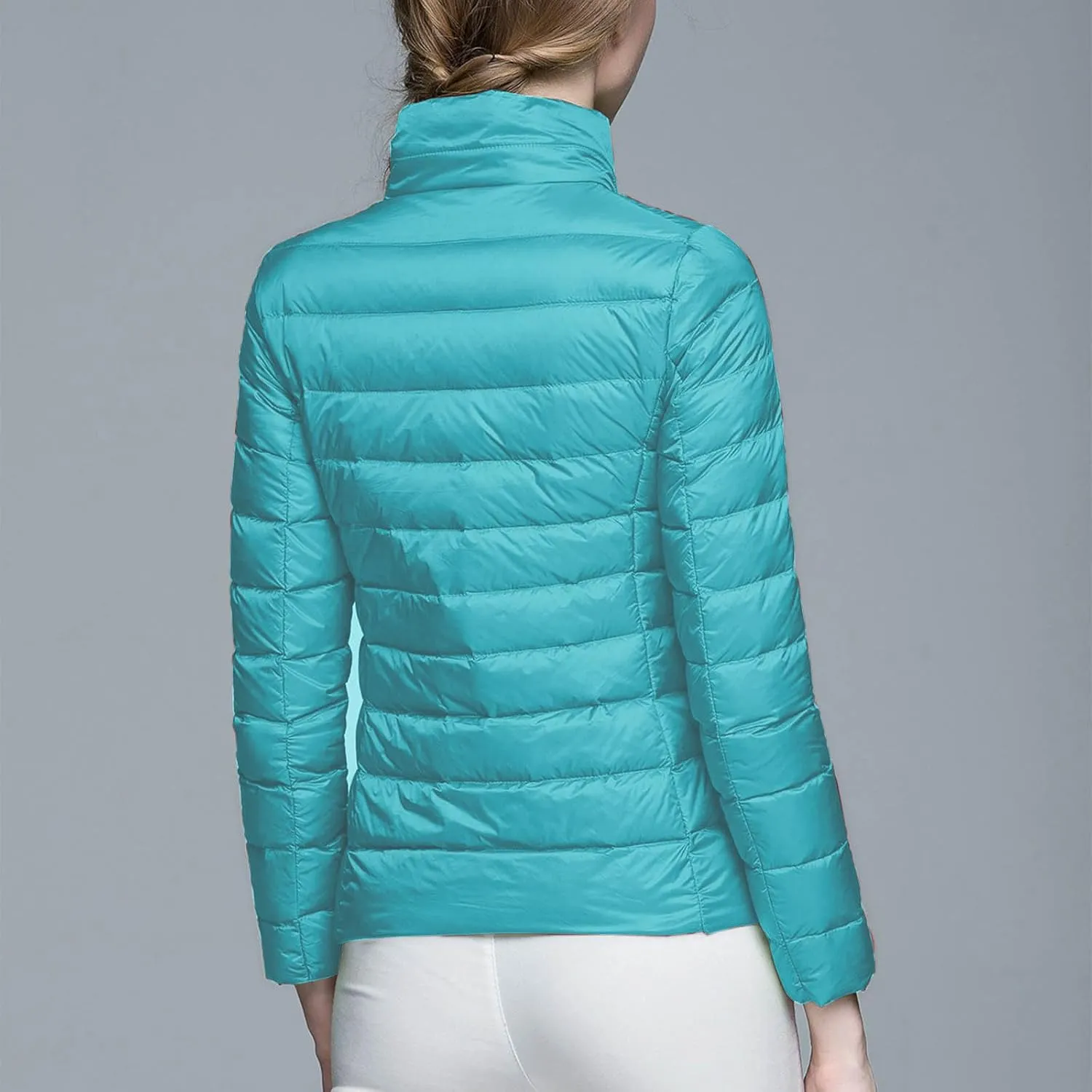 BOXIACEY Winter Coats for Women Solid Packable Puffer Down Jackets Warm Parkas Stand Collar Long Sleeve Outwear with Pockets