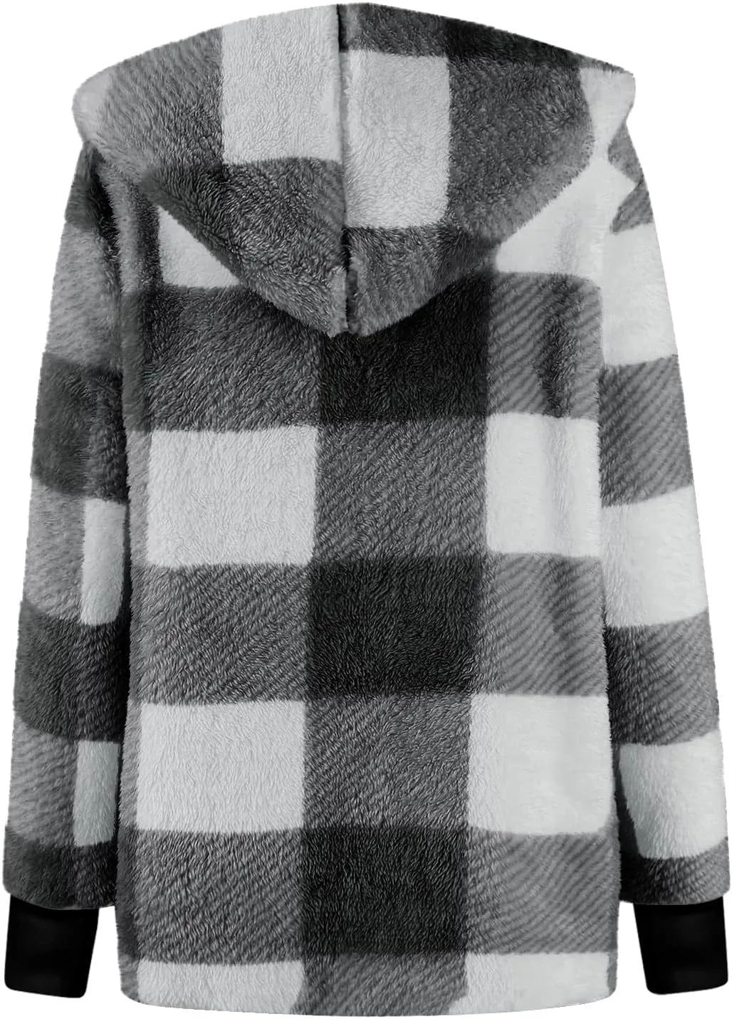 Buffalo Plaid Jacket for Woman Fuzzy Fleece Hooded Open Front Cardigan Color Block Sherpa Coats with Pockets