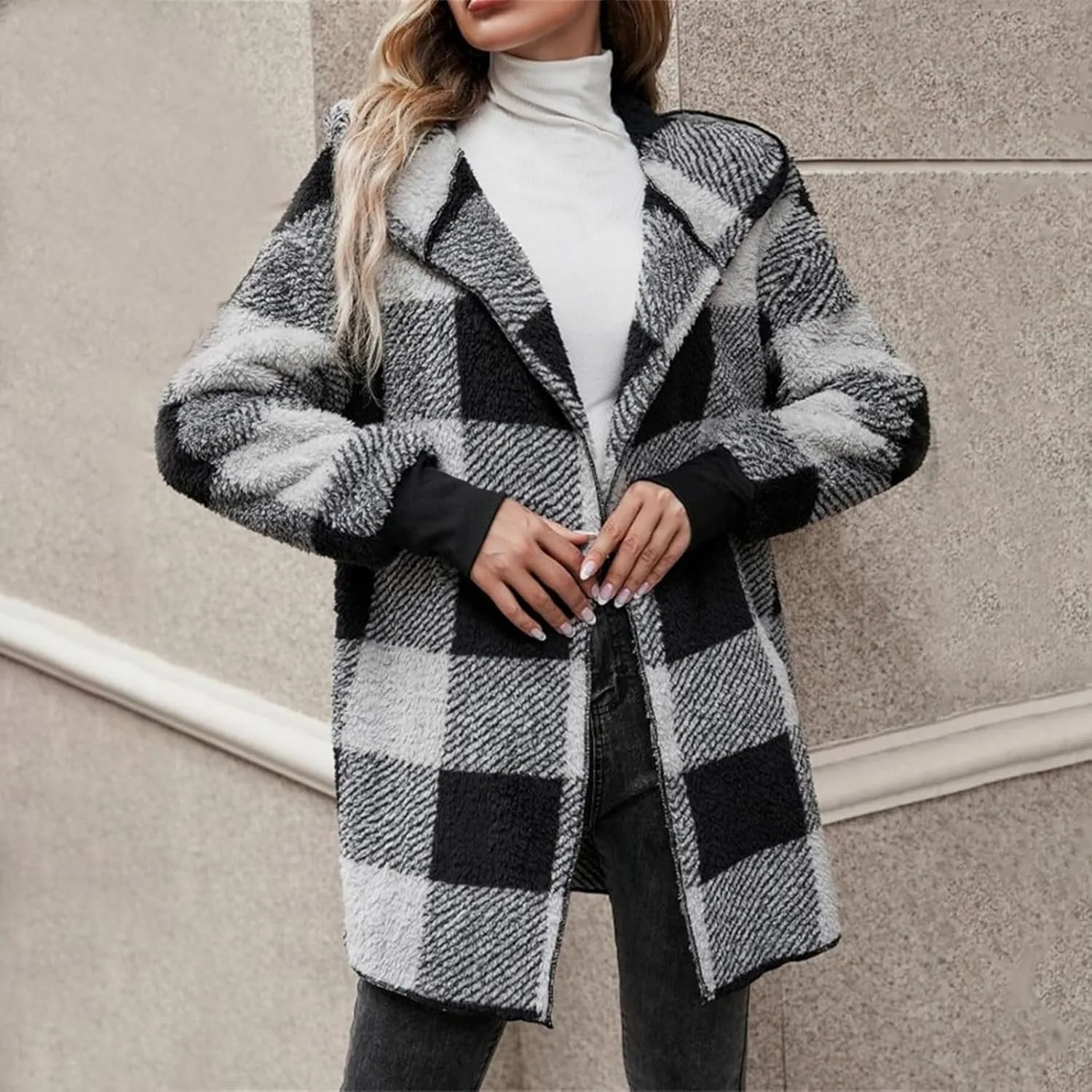 Buffalo Plaid Jacket for Woman Fuzzy Fleece Hooded Open Front Cardigan Color Block Sherpa Coats with Pockets