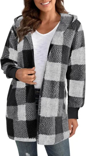Buffalo Plaid Jacket for Woman Fuzzy Fleece Hooded Open Front Cardigan Color Block Sherpa Coats with Pockets