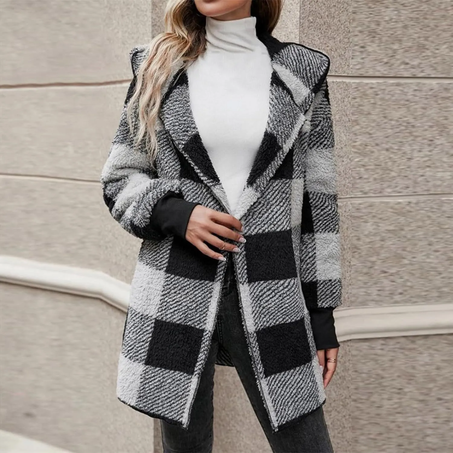 Buffalo Plaid Jacket for Woman Fuzzy Fleece Hooded Open Front Cardigan Color Block Sherpa Coats with Pockets
