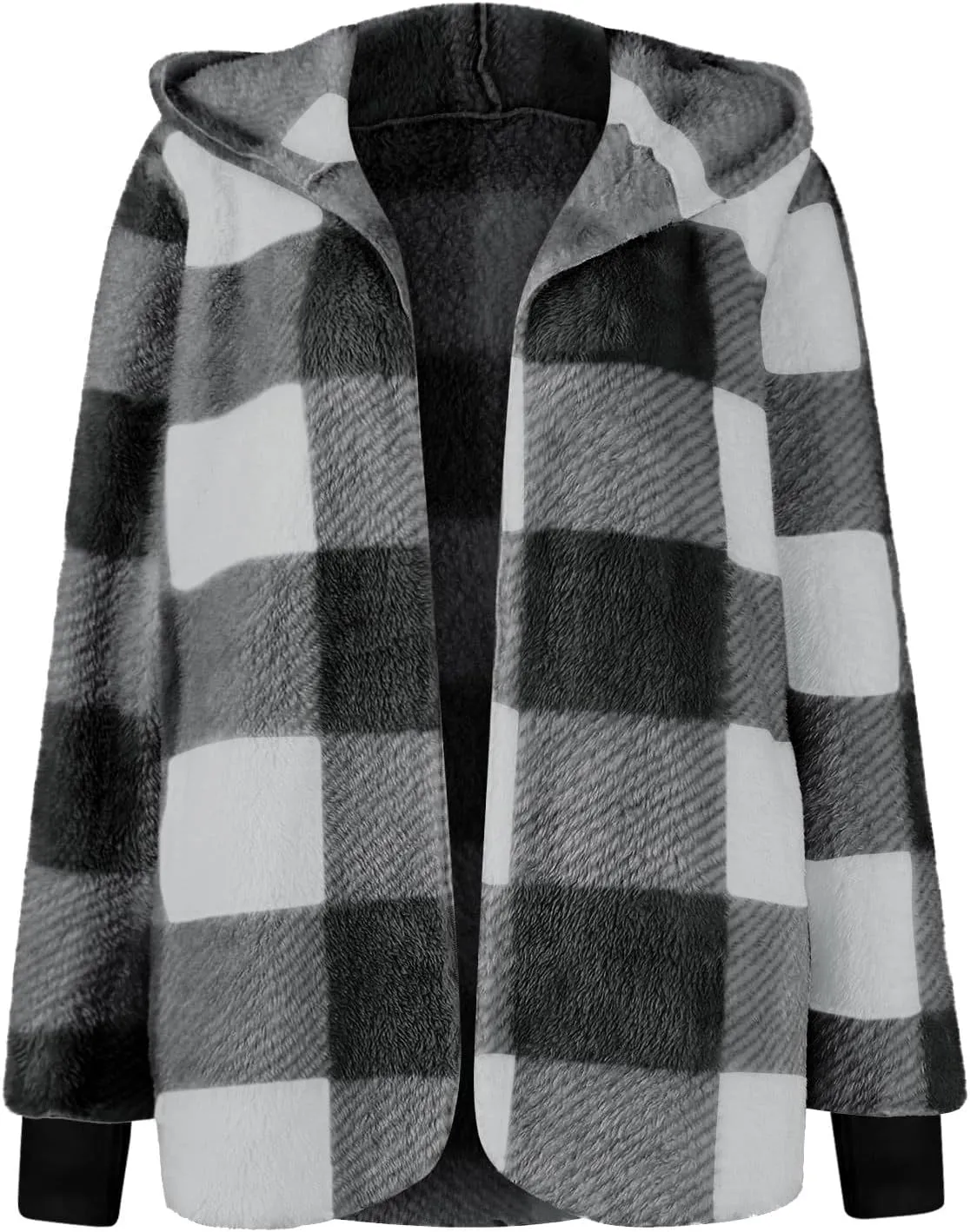 Buffalo Plaid Jacket for Woman Fuzzy Fleece Hooded Open Front Cardigan Color Block Sherpa Coats with Pockets