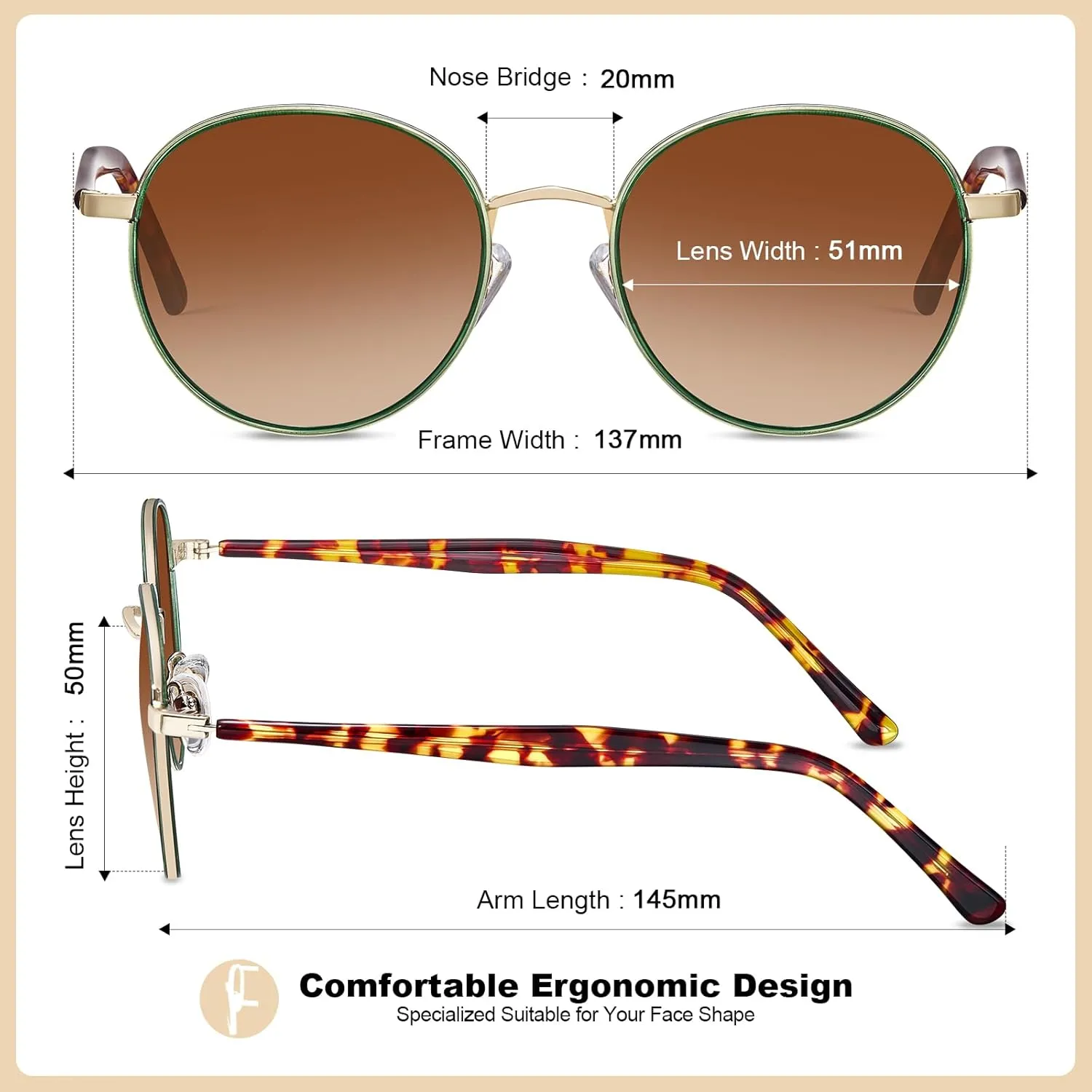 CARFIA Metal Acetate Polarized Sunglasses for Women UV400 Protection, Retro Small Round Anti-Glare Glasses Driving Shades
