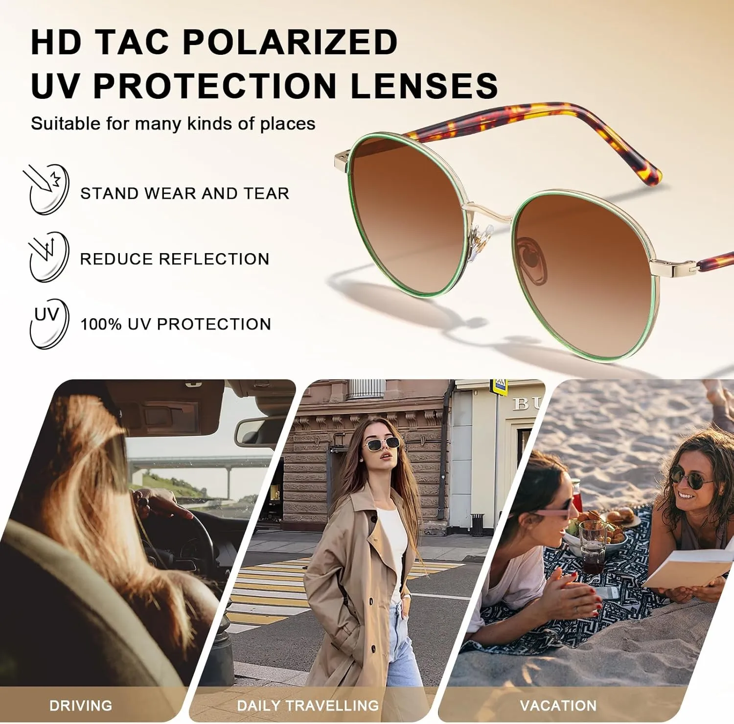 CARFIA Metal Acetate Polarized Sunglasses for Women UV400 Protection, Retro Small Round Anti-Glare Glasses Driving Shades