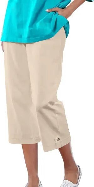 Casual Capris for Women Vintage Elastic Waist Below-Knee Shorts Loose Fit Straight-Leg Office Work 7/8 Pants