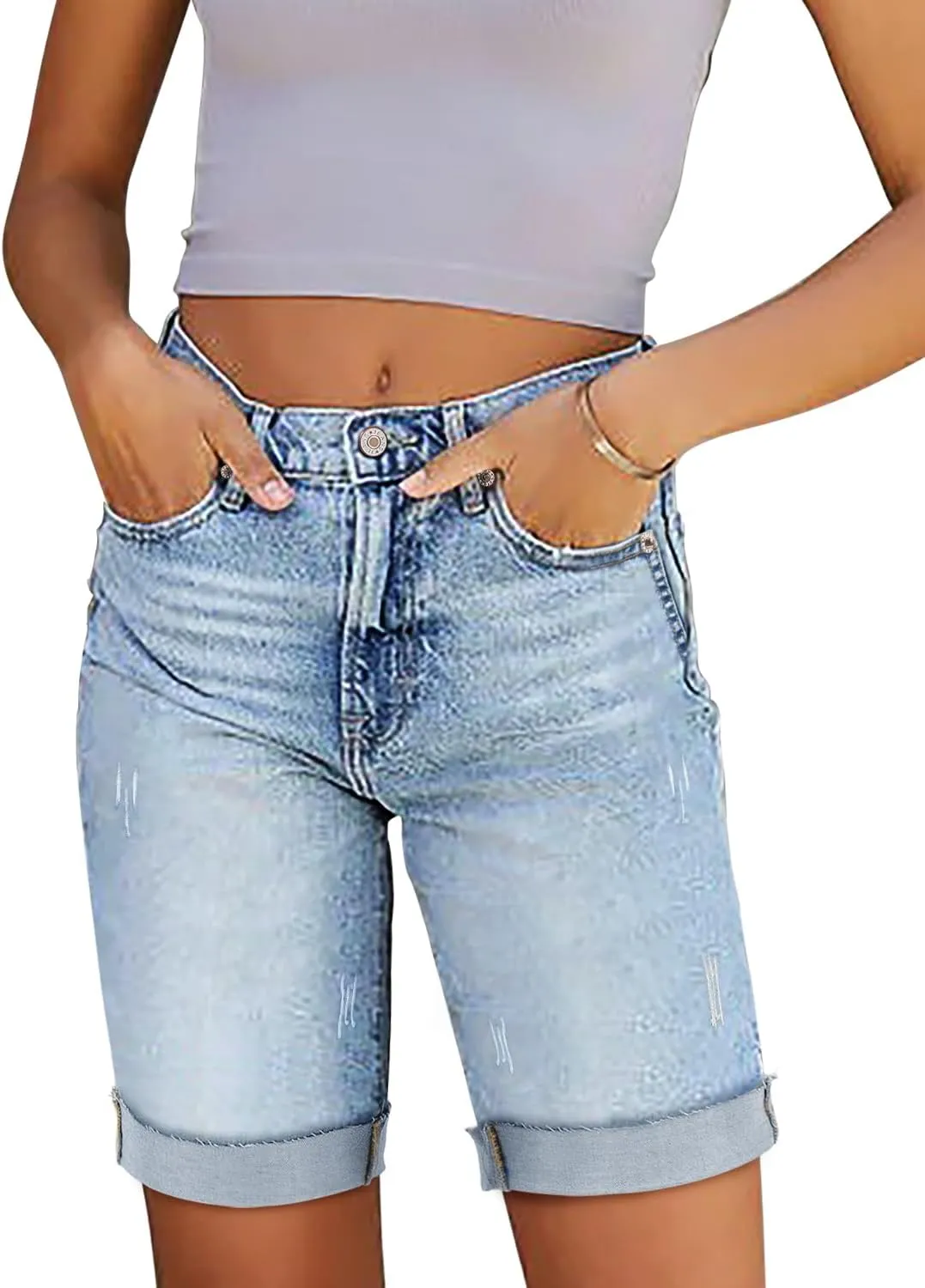CHICZONE Womens Bermuda Jean Shorts Stretchy Mid Waisted Denim Shorts with Pockets
